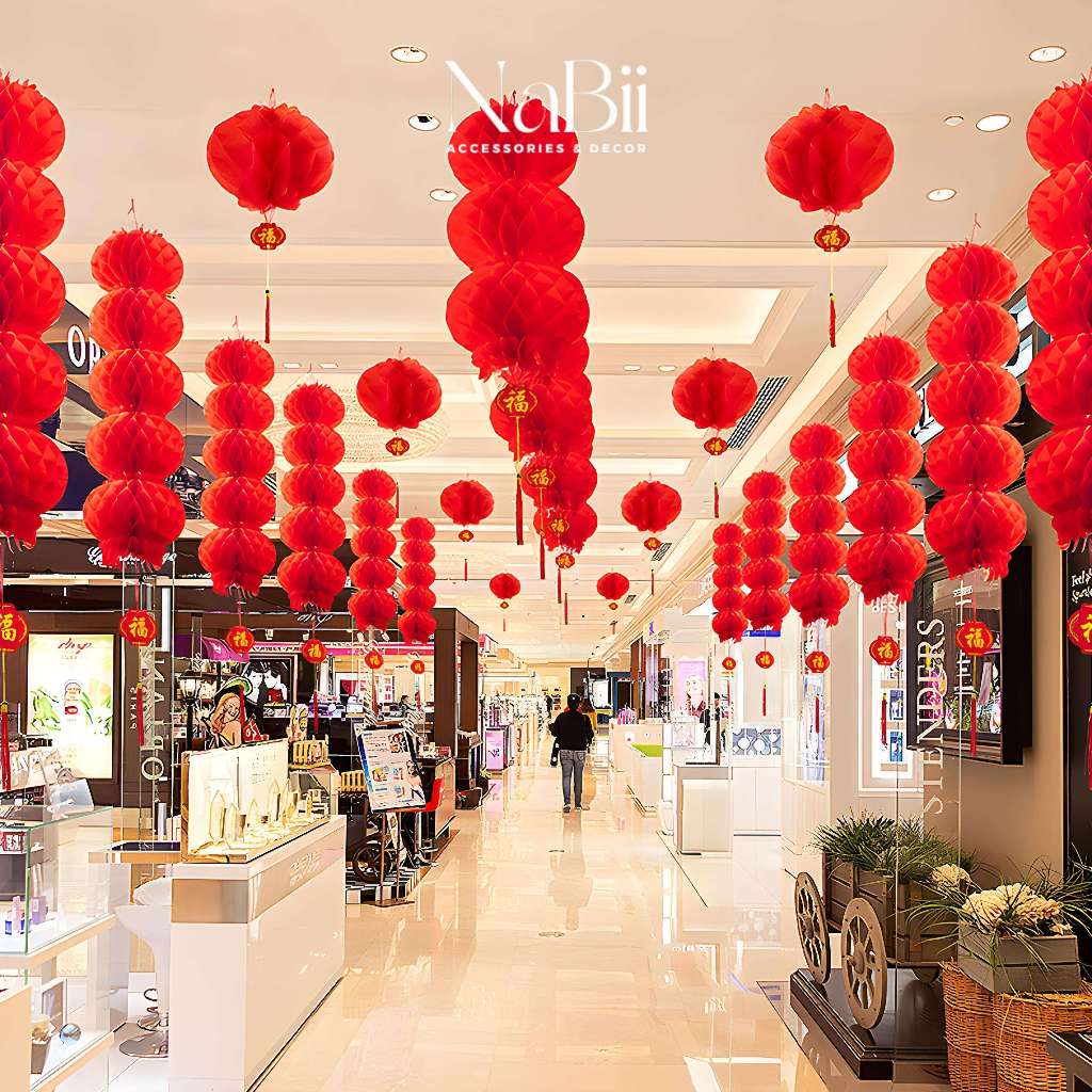 Đèn lồng đỏ chữ Phúc, Nilon, Ngoài Trời Chống Nước treo trang trí Lễ Tết, Siêu Thị