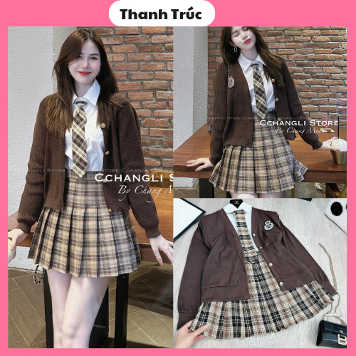 Set bộ đồ nữ set đồ gơn phố áo khoác cardigan len tăm logo nổi màu nâu mix áo sơ mi chân váy xếp li caro xòe kèm cavat