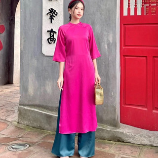 Áo dài xuông dáng xưa dễ mặc Vải lụa Tây thi đính nơ, Áo dài Thị Mầu dáng xưa giá sỉ