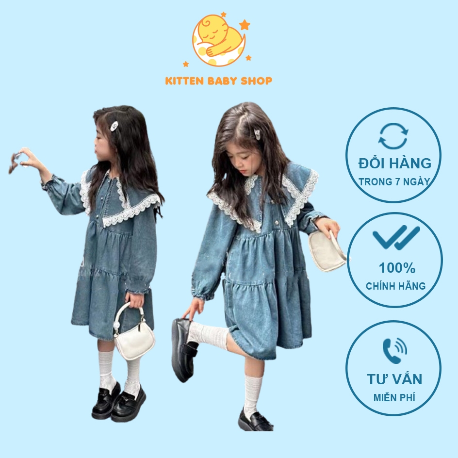 Váy babydoll bé gái vải jean hàng đẹp 10-35kg size đại Váy bò dài tay cho bé mặc thu đông Kittenbabyshop