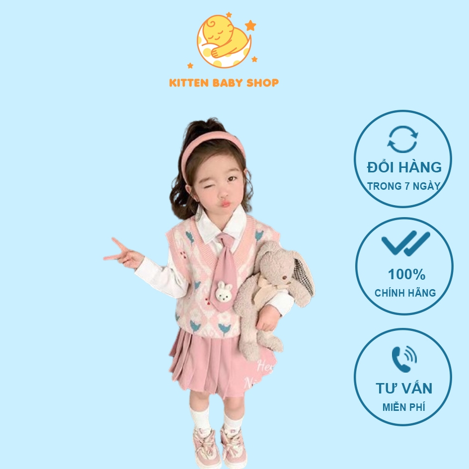 Set áo váy bé gái 4 chi tiết KÈM CÀ VẠT VÀ ÁO GILE 10-30kg size đại Bộ áo sơ mi dài tay kèm chân váy học sinh Kittenbaby