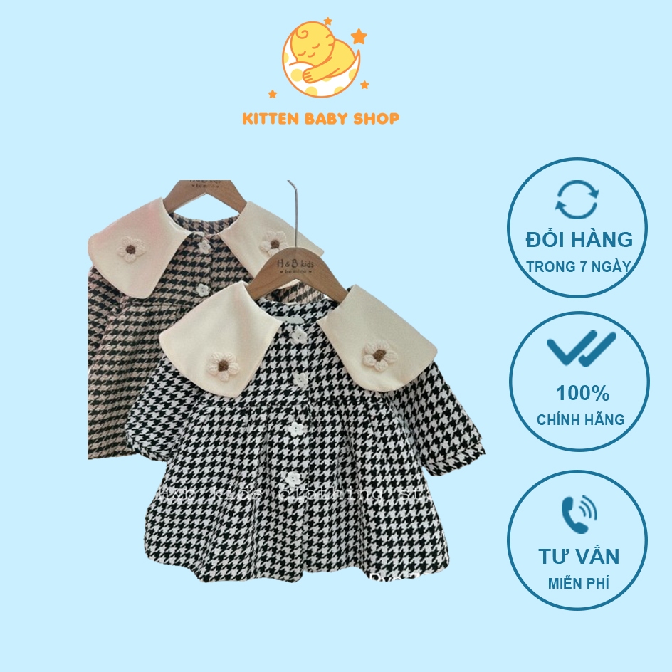 Áo khoác dạ babydoll đính cúc hoa xinh xắn cho bé gái size đại 10-30kg Áo dạ nhung 2 lớp dáng váy mặc thu đông Kittenbab