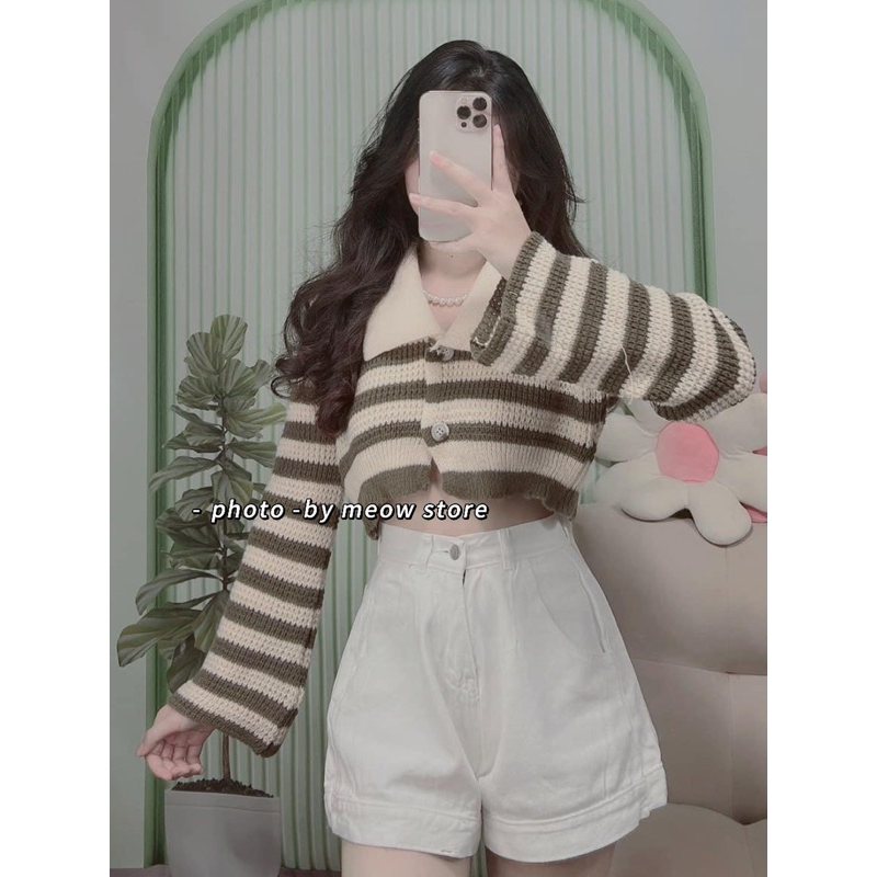 Áo len cổ bẻ tay loe Croptop sọc kẻ ngang xanh lá hot trend