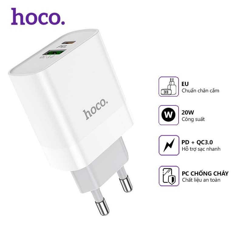 ✔️HÀNG CHÍNH HÃNG ✔️Cốc sạc 2 cổng Hoco C80A USB QC3.0 và Type-C PD20 tự động nhận dạng thiết bị cao cấp