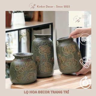 Bộ 3 lọ hoa (tách set) decor men lam chảy cao cấp gốm sứ Bát Tràng dáng cổ tròn vai vuông