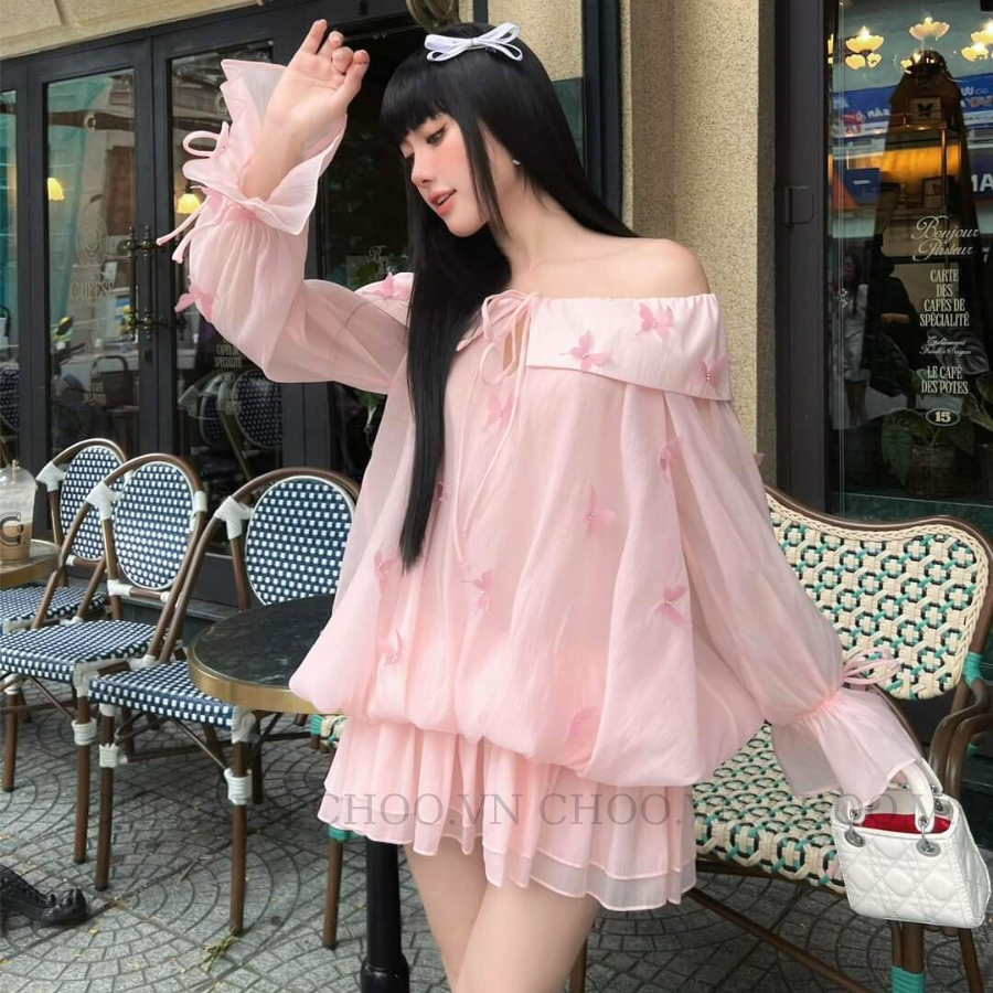 MIRA DRESS| Đầm ngắn trễ vai tay dài bồng bo chun phong cách tiểu thư sang trọng CHOO.VN