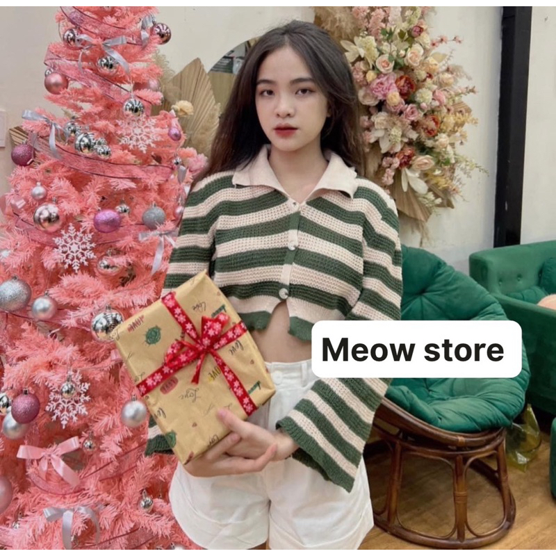 Áo len cổ bẻ tay loe Croptop sọc kẻ ngang xanh lá hot trend