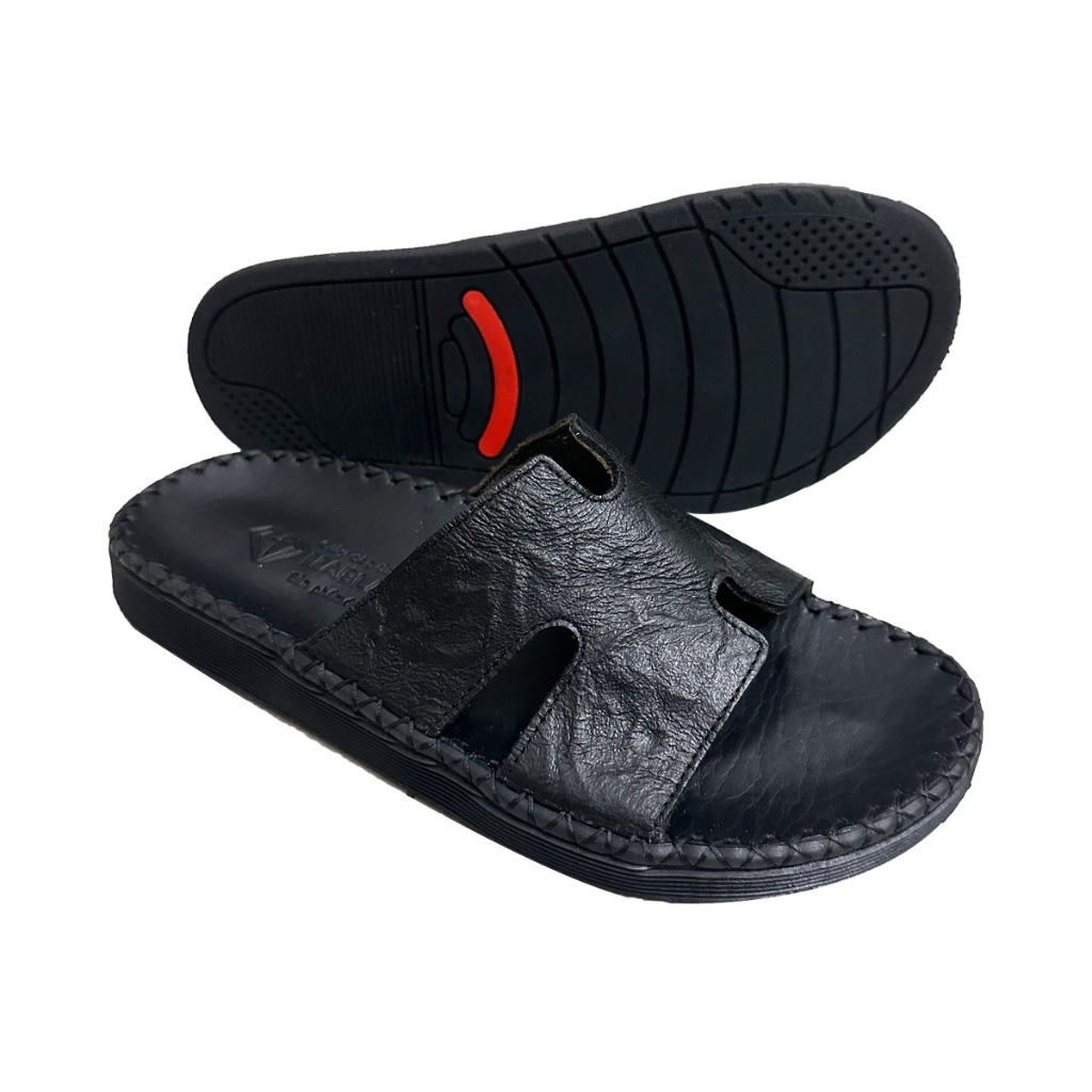 Dép da nam quai ngang chữ h da bò thật,màu Đen sang trọng đế cao 2,5cm AT28