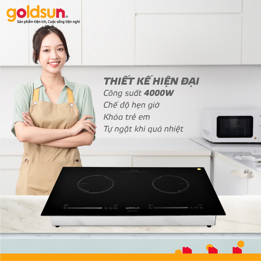 Bếp điện từ đôi Goldsun GDI7410 mặt kính chịu lực màn hình LED cảm ứng thông minh 4000W có khóa trẻ em an toàn