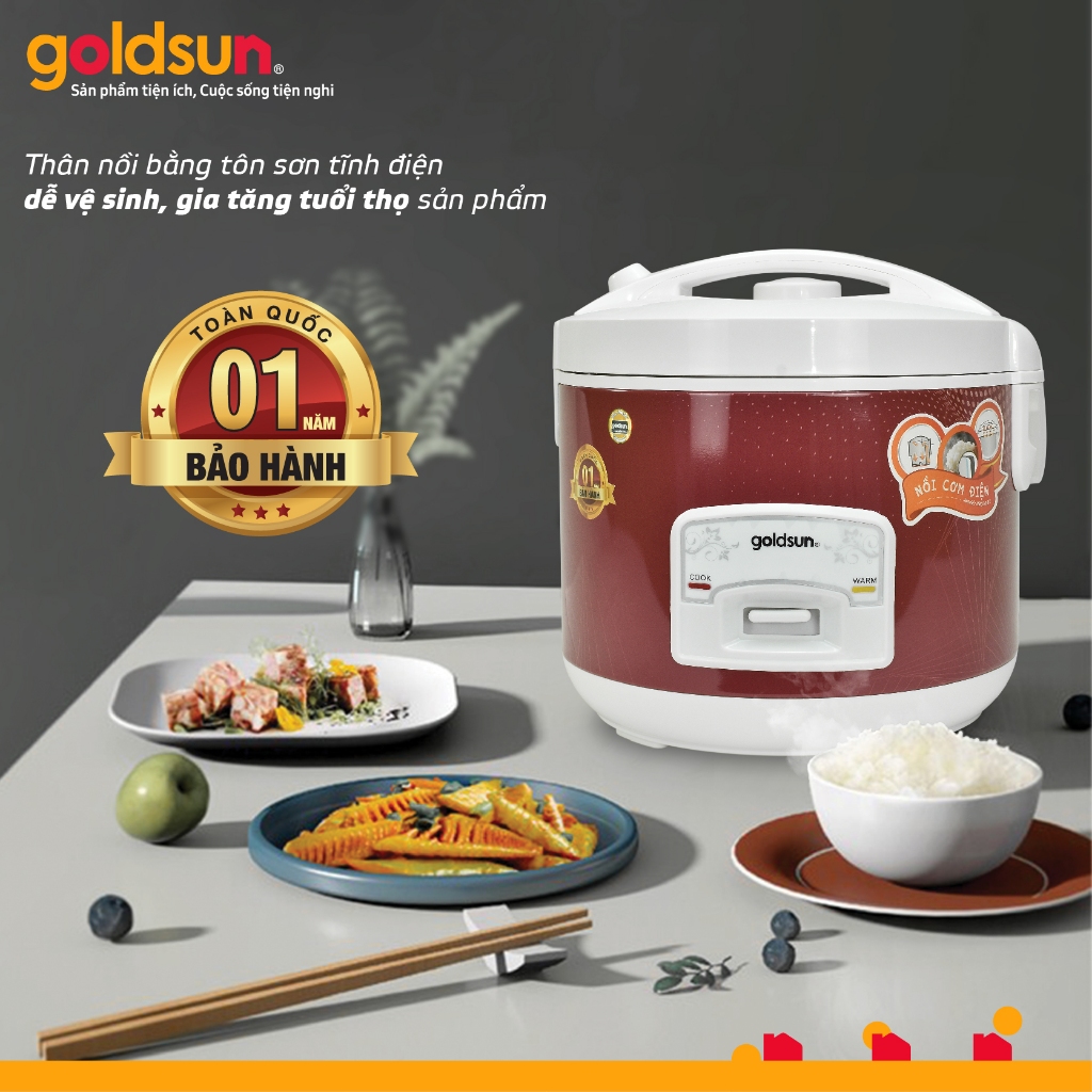 Nồi cơm điện700W 1,8L cho gia đình 4-6 người lòng nổi hợp kim nhôm phủ chống dính Goldsun GRC5002