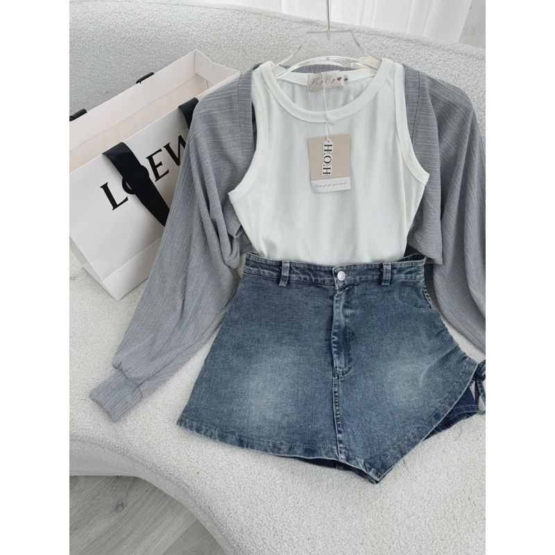 SET 3 MÓN: KHOÁC LEN TAY PHỒNG + ÁO TRẮNG 3 LỖ + CHÂN VÁY JEAN