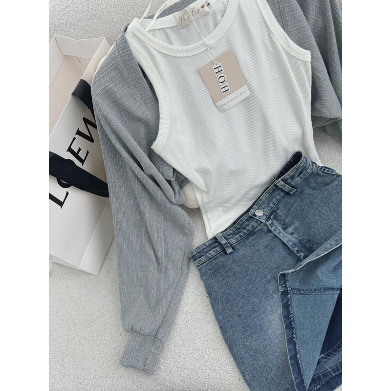 SET 3 MÓN: KHOÁC LEN TAY PHỒNG + ÁO TRẮNG 3 LỖ + CHÂN VÁY JEAN