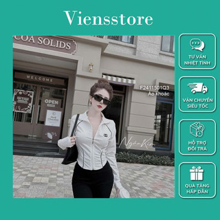 Áo khoác thun zip phối viền, áo nữ khóa kéo croptop tay dài sang trọng VIENS STORE