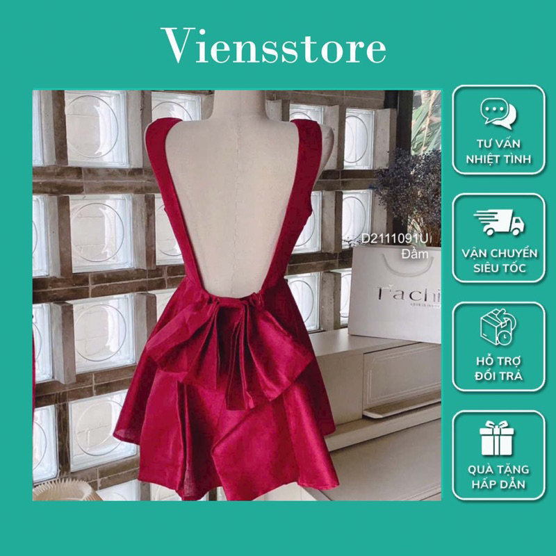 Đầm xòe 2 dây đính nơ hở lưng, đầm tacta phối nơ lưng sang trọng VIENS STORE