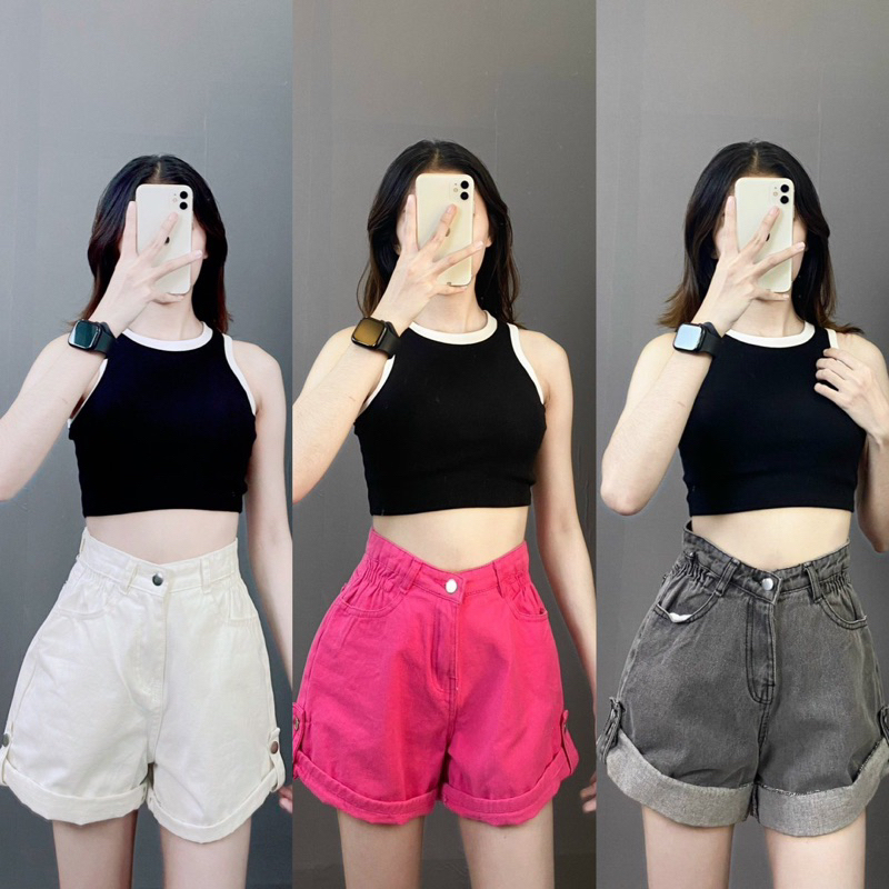 (Bigsize S -3XL) Quần short nữ loang xắn lai chít eo lưng cao, quần đùi bò