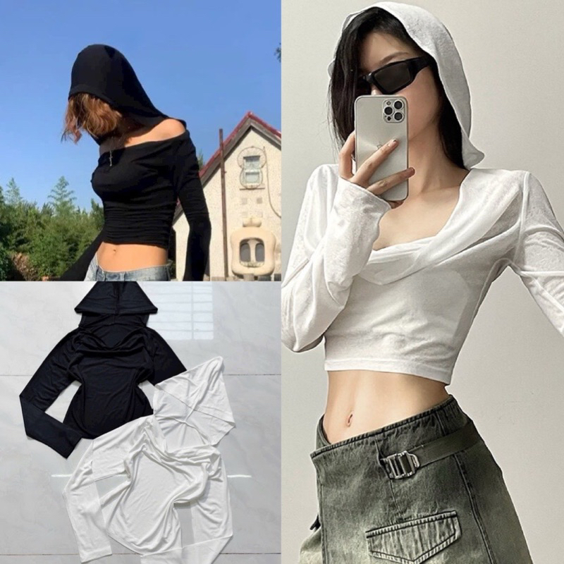 Áo tay dài phối nón chất thun lụa