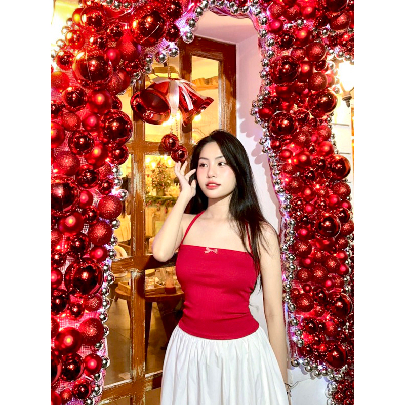 Emlaine.sg Áo yếm đỏ nơ caro trắng đỏ