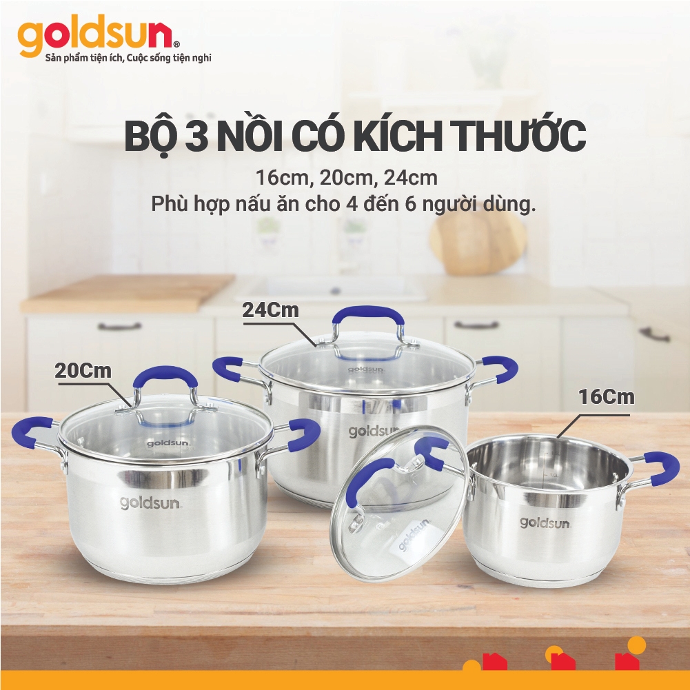 Bộ nồi inox 3 kích cỡ (16/20/24 cm) đáy từ 5 lớp dùng trên mọi loại bếp - Bảo hành 12 tháng Goldsun GPS1750 - S