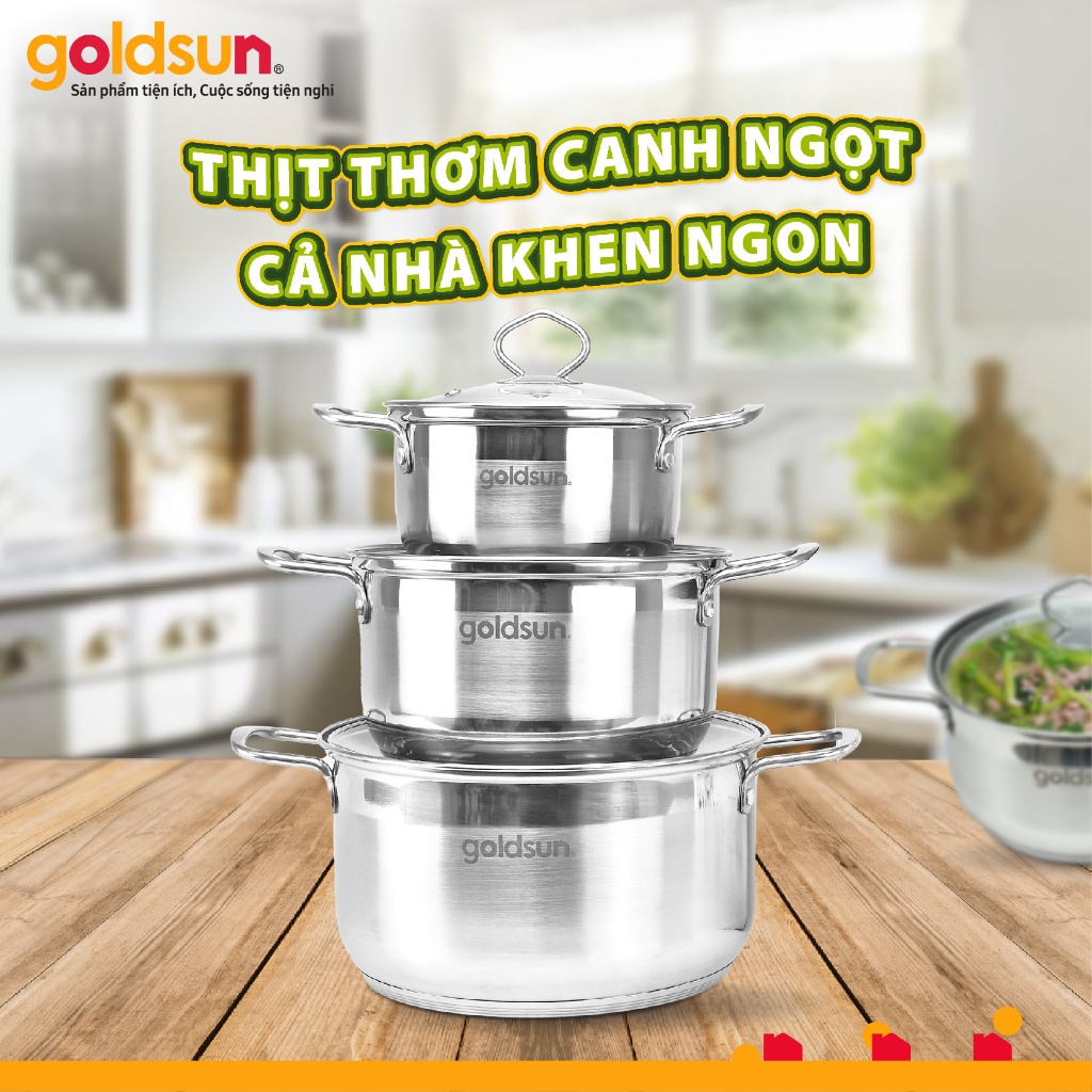 Bộ nồi inox 3 đáy goldsun GPS125 đấy nồi 3 lớp tỏa nhiệt nhanh sử dụng trên mọi loại bếp có kính thủy tinh chịu lực