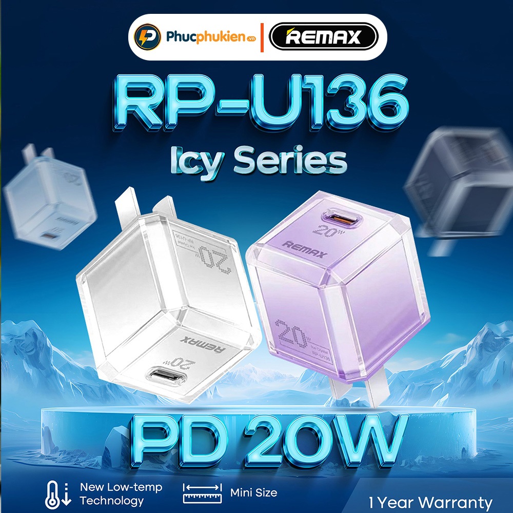 Củ sạc nhanh 20w Remax U136 Cry Series cổng Type C sạc nhanh 20w dành cho 14 pro max trở xuống - Phúc phụ kiện Remax