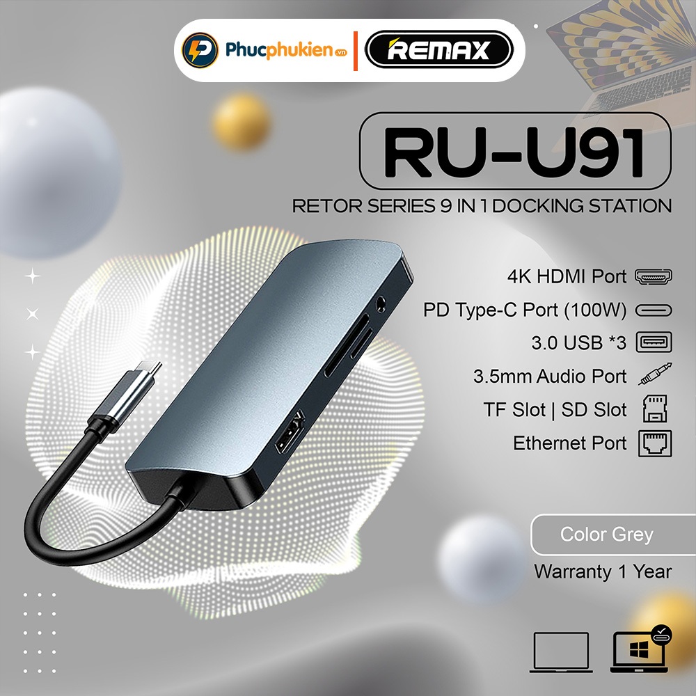 Hub chuyển đổi đa năng 9 in 1 Remax RU-U91 cổng chia usb mở rộng kết nối chuyển đổi cho Mac và Laptop Phúc Phụ Kiện