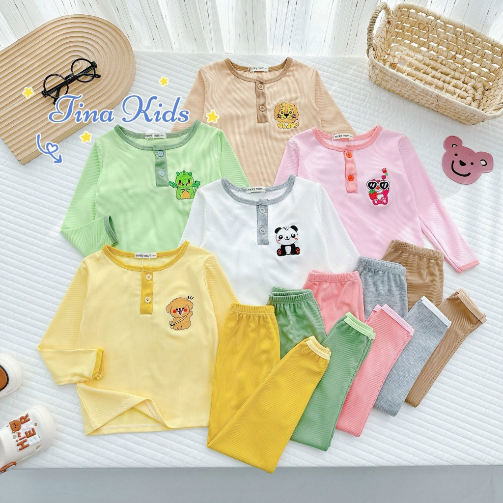 Bộ Đồ Dài Tay, Bộ Đồ Thun Gân Cho Bé Trai, Bé Gái Hàng MinKy Mom Thêu Hình Xinh Xắn Cho Bé Từ 7Kg - 28Kg
