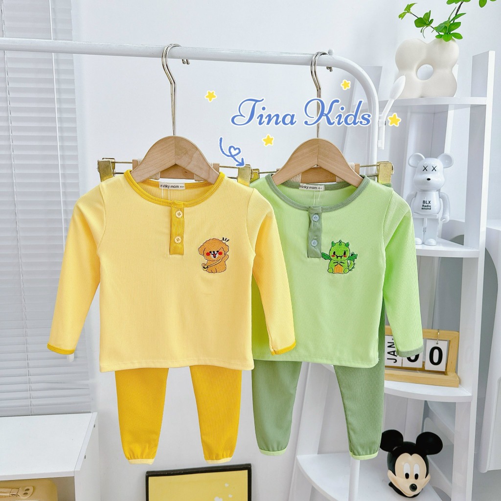 Bộ Đồ Dài Tay, Bộ Đồ Thun Gân Cho Bé Trai, Bé Gái Hàng MinKy Mom Thêu Hình Xinh Xắn Cho Bé Từ 7Kg - 28Kg
