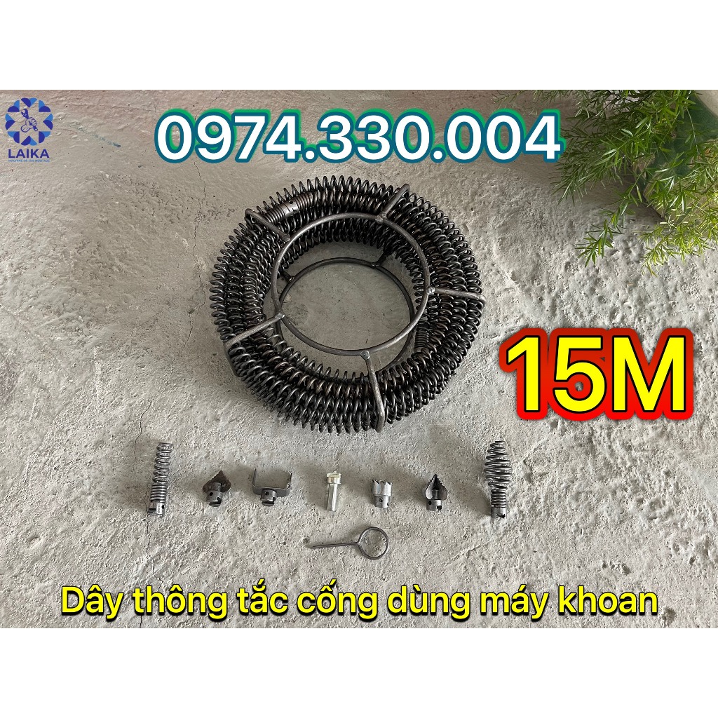 Dây thông tắc cống dùng máy khoan dài 15M + 6đầu thông + kết nối máy khoan
