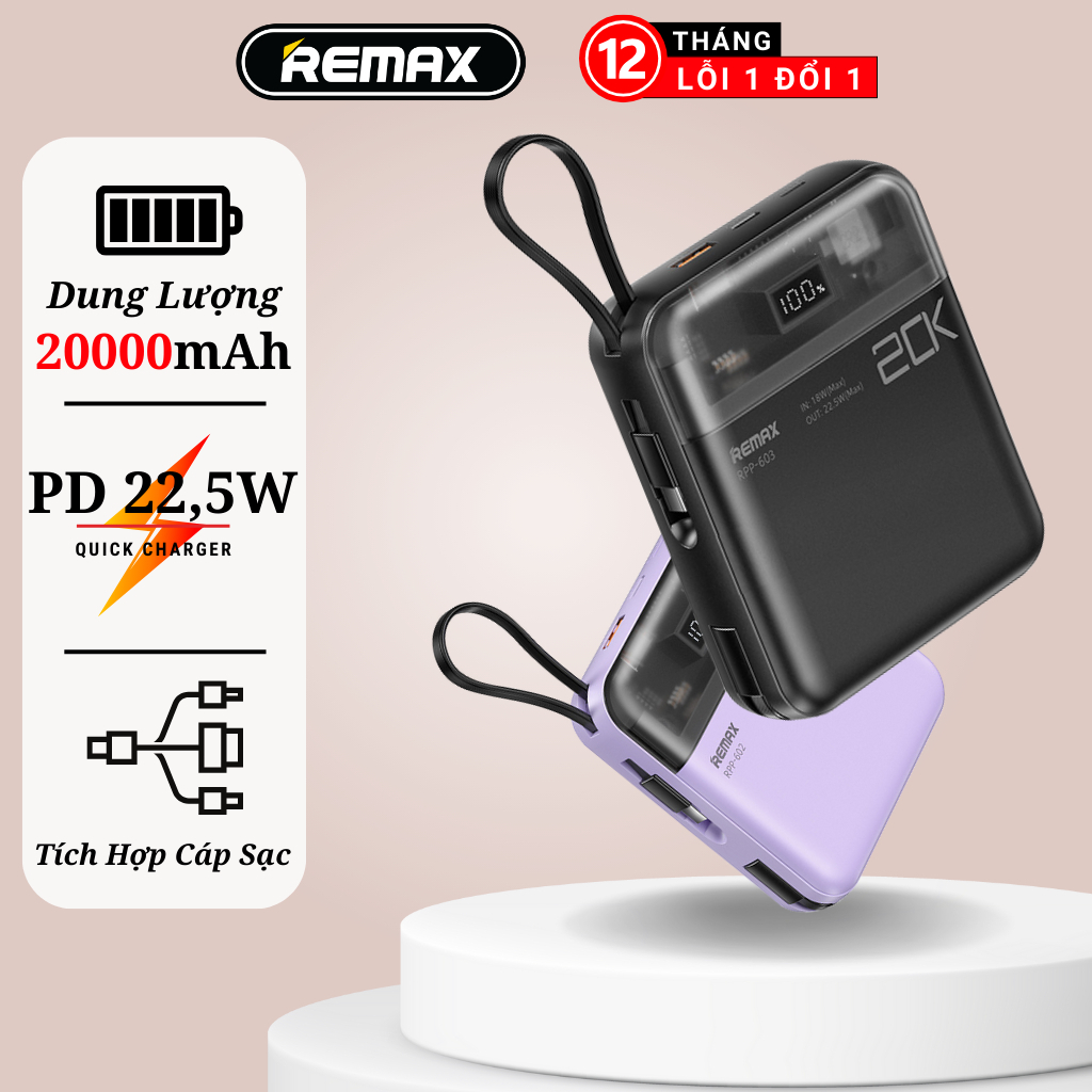 Pin dự phòng sạc nhanh Remax RPP-603 20000mAh tích hợp 2 cáp QC 22.5W và PD 20W 3 màu tùy chọn