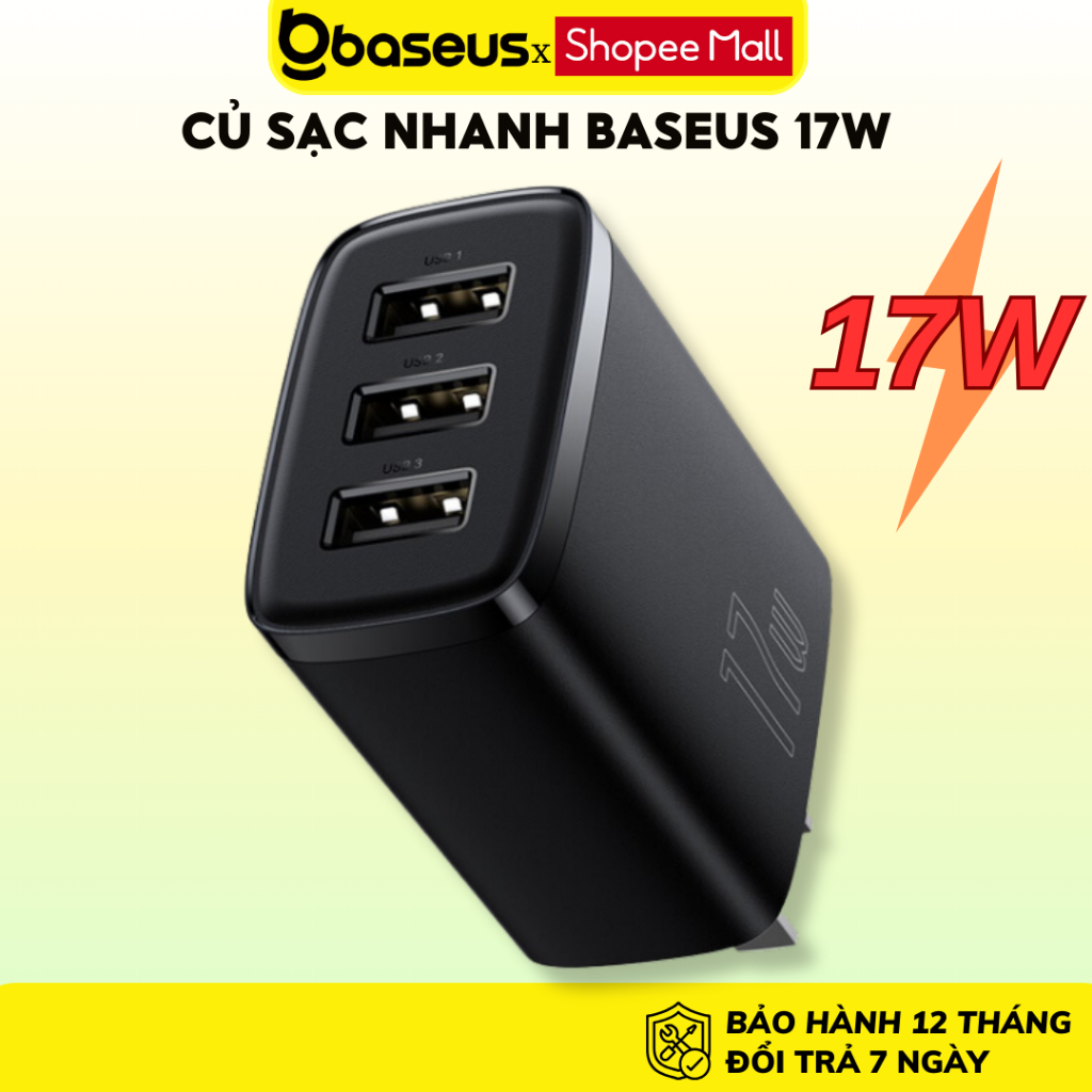 Củ sạc nhanh 3 cổng Baseus Compact Quick Charger 17W dùng cho nhiều máy một lúc Cho ip samsung xiaomi