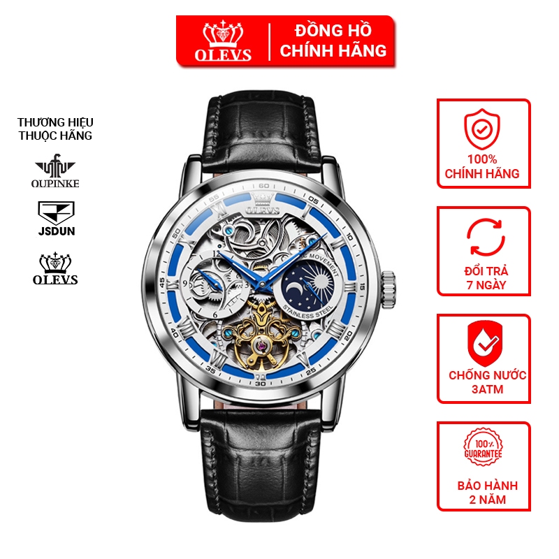 Đồng hồ Olevs automatic nam lộ máy cơ cao cấp size 44m, Đồng hồ dây da nam đeo tay phong cách thời thượng