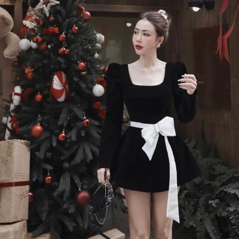 Váy nhung Nơ Eo Dài Tay Siêu Xinh