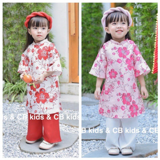 Set áo dài cách tân hoa tết kèm mấn xoắn đôi cho bé gái