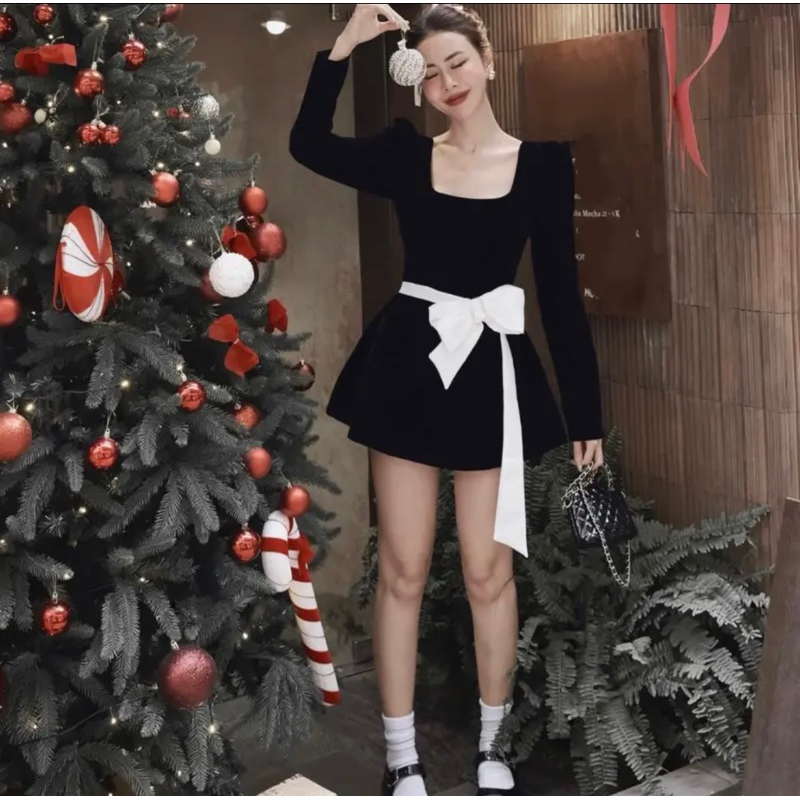 Váy nhung Nơ Eo Dài Tay Siêu Xinh