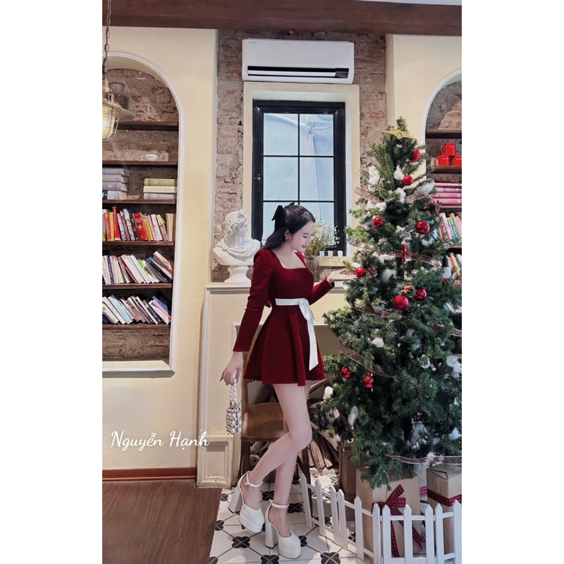Váy nhung Nơ Eo Dài Tay Siêu Xinh