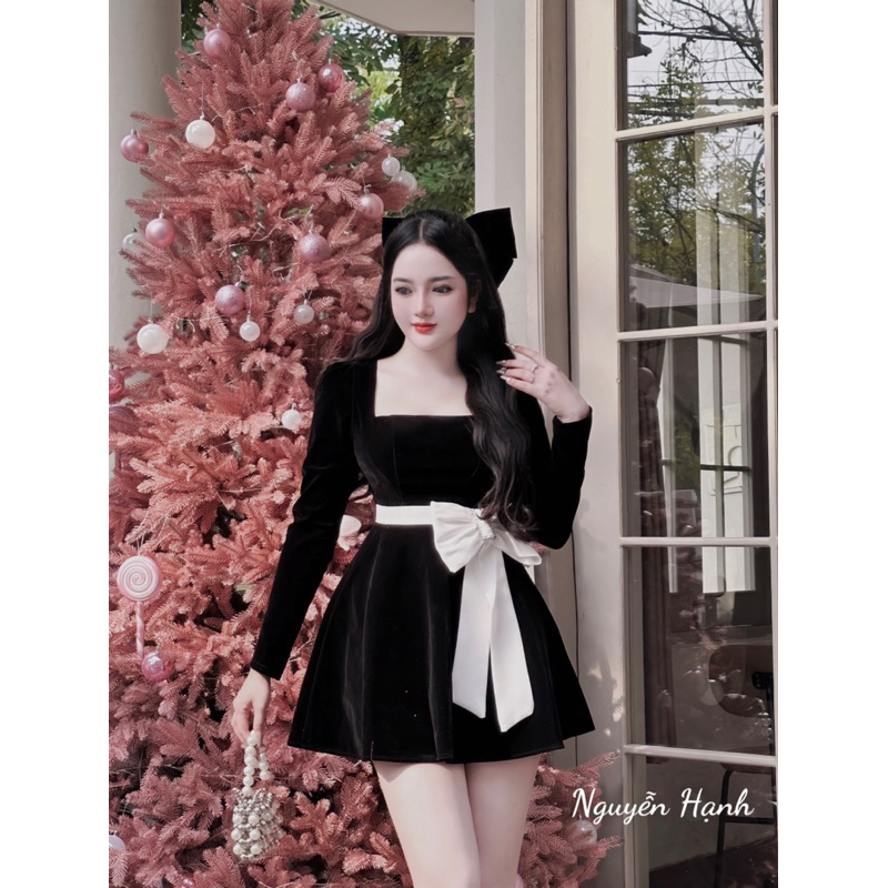 Váy nhung Nơ Eo Dài Tay Siêu Xinh