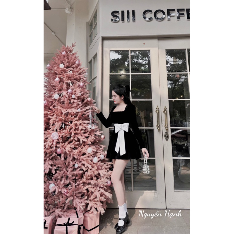 Váy nhung Nơ Eo Dài Tay Siêu Xinh