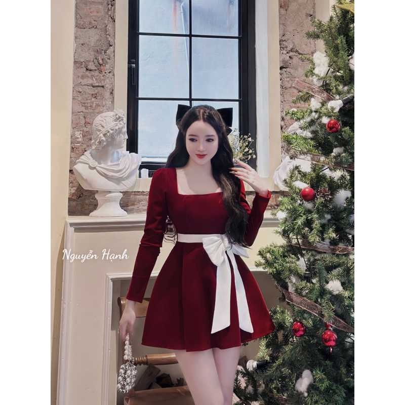 Váy nhung Nơ Eo Dài Tay Siêu Xinh