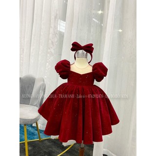 Đầm váy công chúa nhung đỏ kim tuyến tay ngắn cho bé