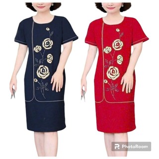 Đầm trung niên đi tiệc thun suông hoa hồng đính cườm phối viền đẹp mắt, Đầm suông trung niên đi tiệc size lớn 90kg