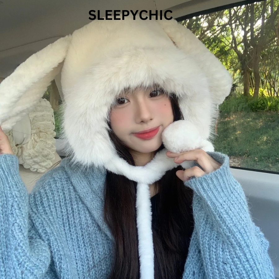 Mũ len nữ, Mũ lông cừu tai thỏ giữ ấm mùa đông SLEEPYCHIC nón len lông cừu tai mèo thời trang