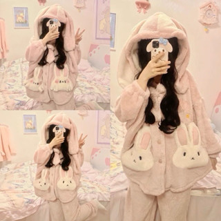  Bộ ngủ lông cừu tai thỏ đính nơ túi thỏ hồng dễ thương Sét pyjam lông dài tay 2 lớp ấm áp form rộng ulzzang AMEE2 