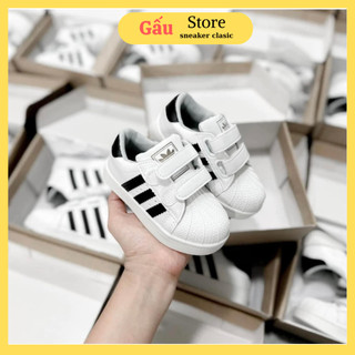 Giày kid_adidas màu trắng 3 sọc đen quai dán, giày thể thao cho bé adidas mũi sò trắng sọc đen bản s.cấp full pk