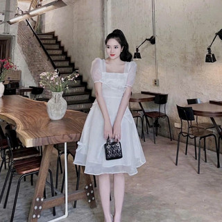 Đầm thời trang nữ dự tiệc sang trọng chất tapta phối tơ cổ vuông tay ngắn dáng váy xoè 2 lớp dài maxi trẻ trung