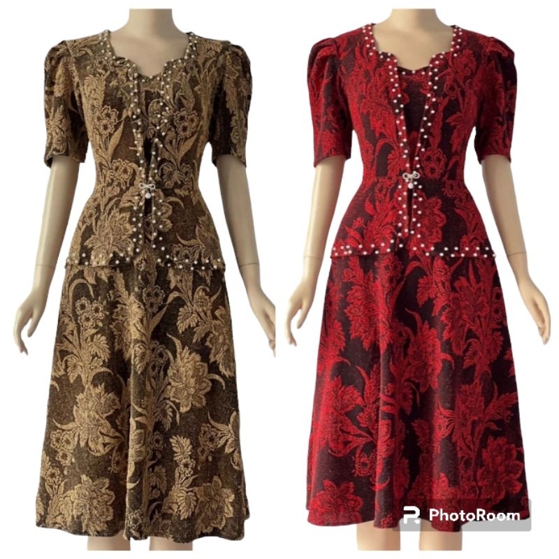 Đầm dự tiệc trung niên vest xòe nhũ đính ngọc, Đầm trung niên dự tiệc xòe ngắn áo giả vest che bụng vải nhũ kim sa