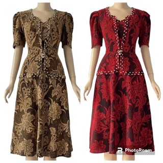 Đầm dự tiệc trung niên vest xòe nhũ đính ngọc, Đầm trung niên dự tiệc xòe ngắn áo giả vest che bụng vải nhũ kim sa