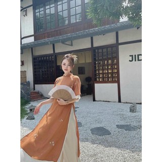 ÁO DÀI CÁCH TÂN VOAN CREP CAO CẤP THIẾT KẾ CỔ ĐÍNH NƠ BỌC CÚC PHỐI TAY LOE 2 LỚP