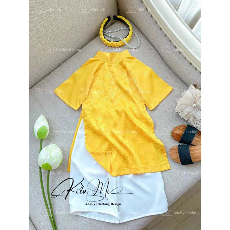 Áo dài cổ trụ chất gấm cho bé 8-40kg