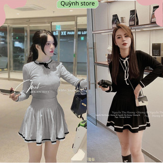Sét váy áo cổ nơ mix chân váy xòe chất liệu len tăm cực xinh