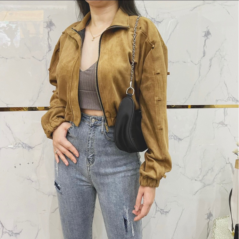 Áo Khoác bomber da lộn nút kiểu